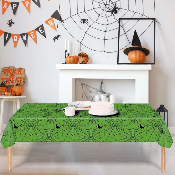 YANYXR Halloween asztalterítő, pókháló mintás, műanyag, zöld, 137x183cm