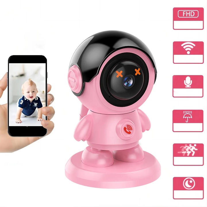YANYXR Robot 2MP vezeték nélküli rózsaszín megfigyelő kamera 14.5x9.8cm