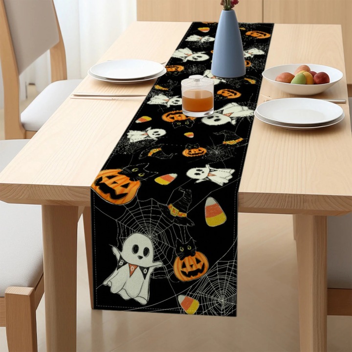 YANYXR Halloween asztalterítő, len utánzat, fekete, 140x40cm