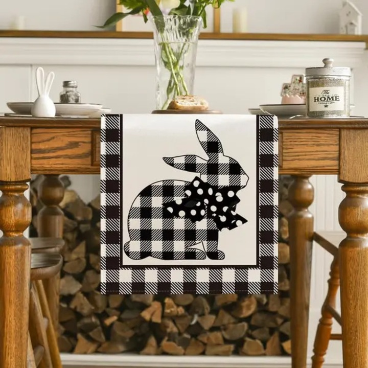 PO-K0433-26-7-11-1368 asztali futó nyuszi és buffalo kockás mintával, fehér/fekete, 33 x 183 cm