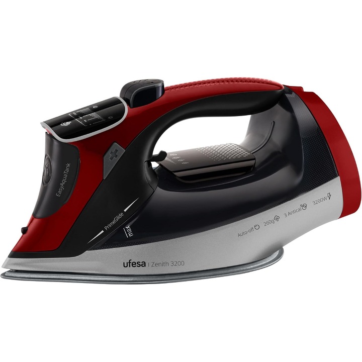 Fier de calcat cu abur Ufesa Zenith 3200 W, jet de abur 260 g, abur continuu 50 g/min, talpa ceramica, afisaj digital, sistem anticalcar 3 in 1, sistem anti-picurare, oprire automata, rezervor de 350 ml, cablu de 1, 9 m, rosu