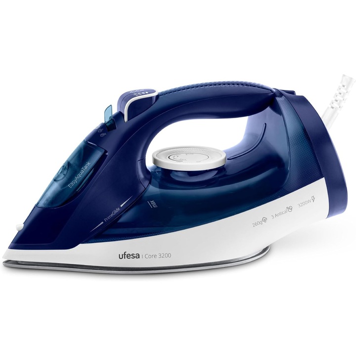 Fier de calcat cu abur Ufesa Core, 3200 W, jet de abur 260 g, abur continuu 50 g/min, talpa ceramica, sistem anticalcar 3 in 1, sistem anti-picurare, rezervor de 350 ml, cablu de 1, 9 m, albastru