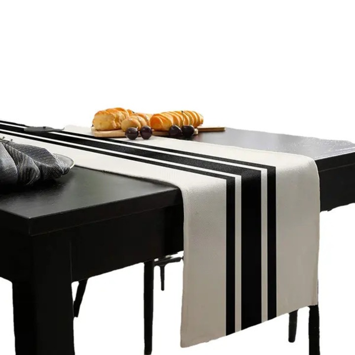 Vászon asztali futó, fekete-fehér geometrikus csíkok, 33x180cm, nyári dekoráció