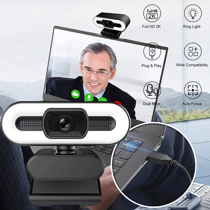 Webcam 2K YANYXR cu microfon si lumina, USB, negru, 2560x1440