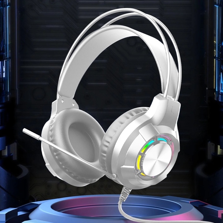YANYXR gaming fejhallgató, mikrofon, RGB LED világítás, fehér, 19x15.5x7cm