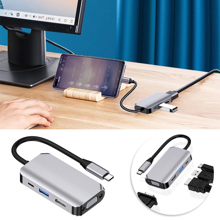 Докинг станция Type-C YANYXR, HDMI 4K, VGA Full HD, USB 3.0, зареждане 100W, алуминий