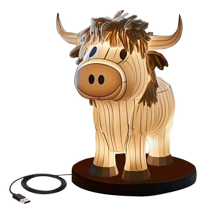 Lampa de masa LR-20260824-30357, veioza vaca din rasina vopsita cu abajur din textil, bec incorporat cu iluminare calda, alimentare USB, maro