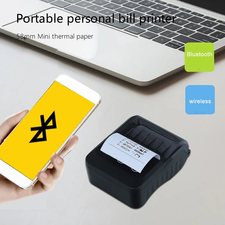 Imprimanta termica portabila YANYXR 58mm Bluetooth negru 10.5x7.5x4.5cm