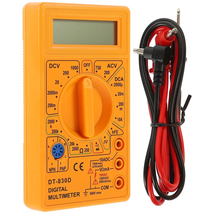 YANYXR DT-830D digitális multiméter, sárga, 124x69x24mm, hangjelzéssel és túlterhelésvédelemmel