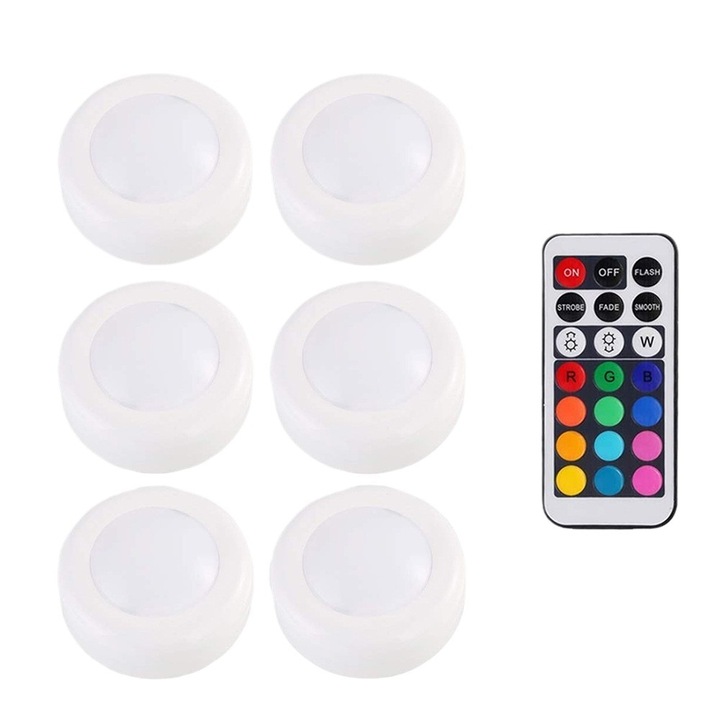 Set 6 spoturi rotunde RGB, telecomanda, autoadezive, alimentare baterii