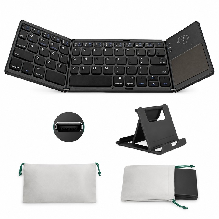 Сгъваема Bluetooth клавиатура Valoria с тъчпад, Bluetooth 5.1, съвместима с Windows / iOS / Android, живот на батерията до 40 часа, зареждане с USB-C, ултратънка 7,5 мм, тегло 129 г, включена сгъваема стойка