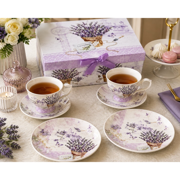 Teás/kávés csésze szett, 4 részes, porcelán, 2 csésze és 2 csészealj, Levendula mintás, elegáns díszdobozos, fehér/lila