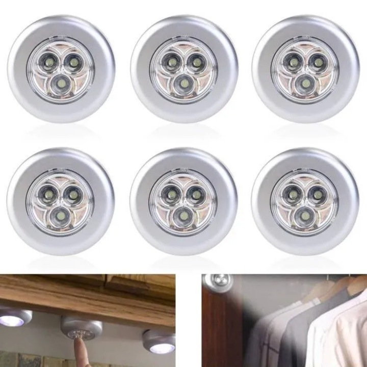 Set 6 spoturi rotunde LED, 3 LED-uri, argintiu, mini, wireless, baterii, 5x5cm