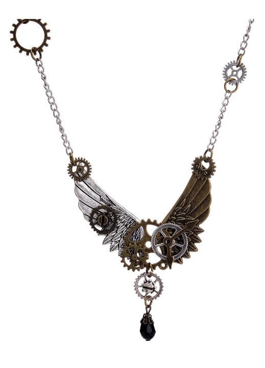 ZYBLSSBB, Bratara din otel steampunk cu aripi si roti dintate, pandantiv cristal negru, argintiu/bronz