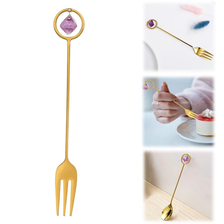 Set tacamuri YANYXR lingura retro aurie furculita fluorita mov 20cm