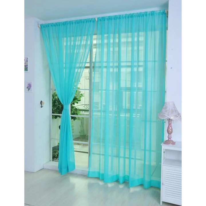 YANYXR Kék Tüll Függöny Szett 2 db 200x100cm Levél Minta