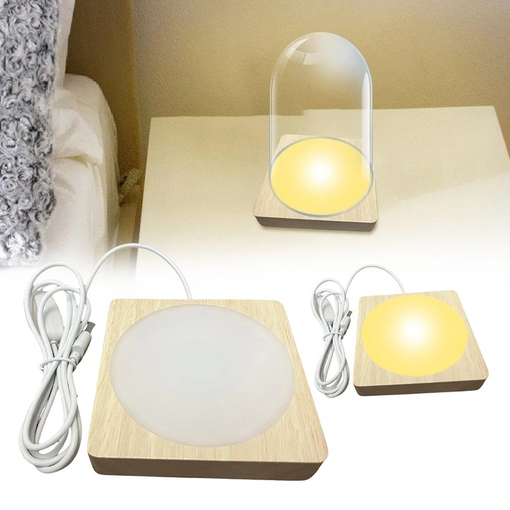 Baza LED lemn YANYXR pentru lampa cristal schimbare culoare 10x10x2cm