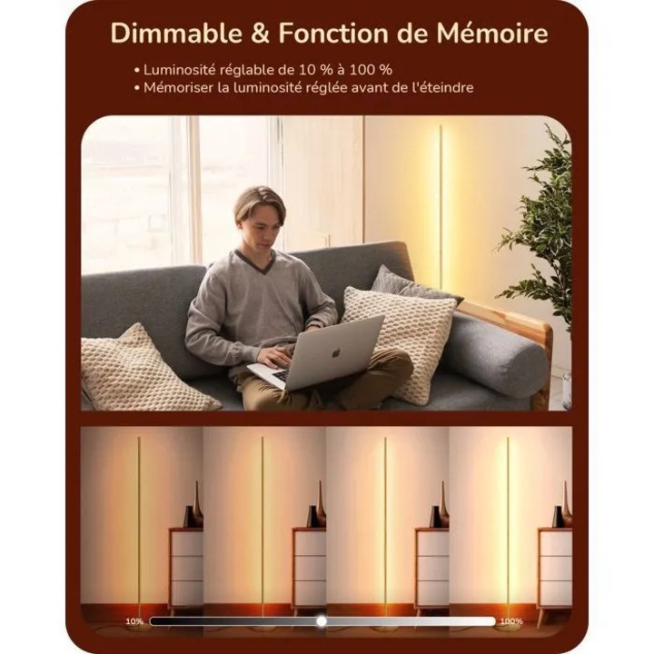 Lampadar LED dimabil, 3000K, auriu, 146cm, intrerupator picior