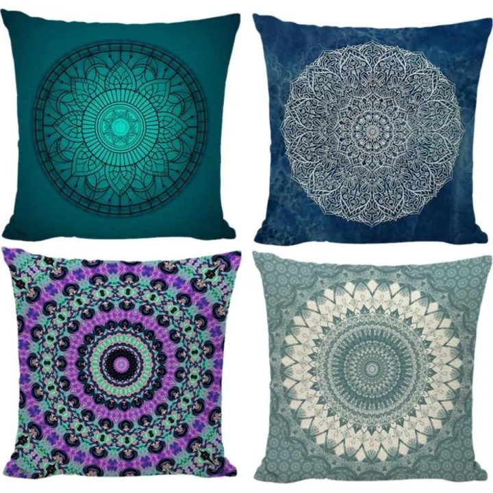 4 db mandala párnahuzat szett, 45x45cm, fehér vászon