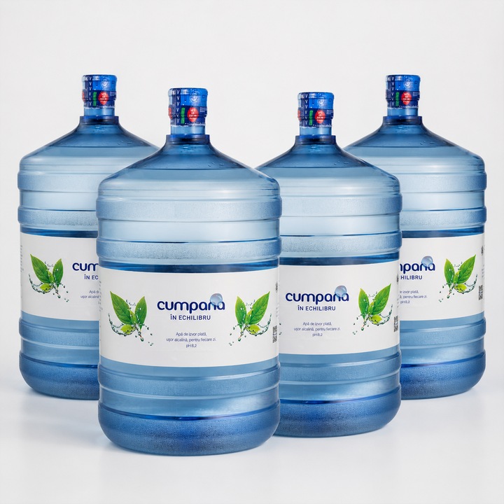 Apa de izvor plata Cumpana, pachet 4 bidoane x 19 L, pH peste 8, microbiologic pura, fara clor si conservanti, necesita 4 ambalaje reutilizabile la schimb, 76 L