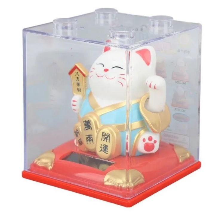 Napelemes macska figura mozgó karral 8x8x8 cm többszínű