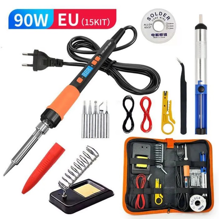 Professzionális forrasztókészlet 90W, 5 heggyel, LCD kijelzővel, fekete, kompakt