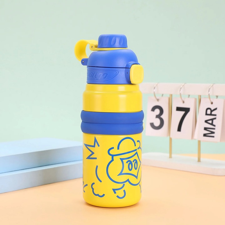 YANYXR 600ml gyermek termosz kulacs, fém, sárga, kupakkal és összecsukható ivócsőrrel