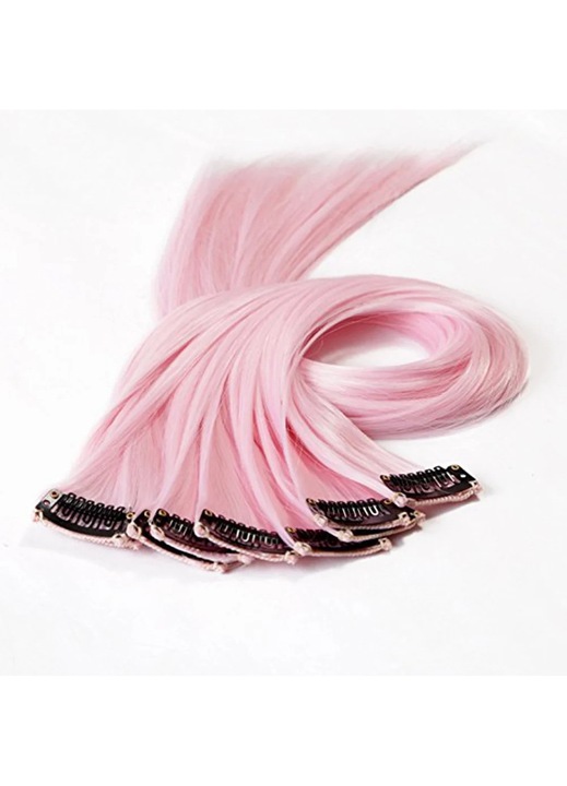 Set 10 extensii par sintetice clip-on, roz deschis, 55x3.2x0.3cm