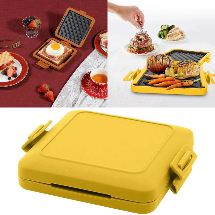Aparat pentru sandvisuri la microunde, cu curele siliconice reglabile, galben, 17x14x3cm