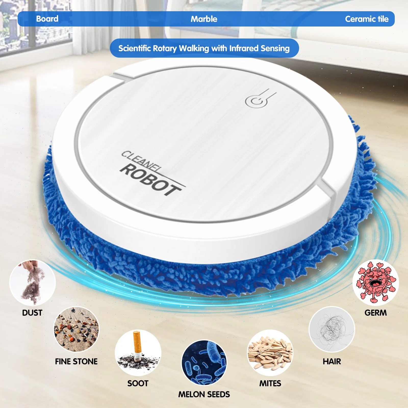 Robot de curatenie YANYXR BCS3150448, aspirator si mop umed/uscat, autonomie 61-120 min, alimentare USB, pentru 90-120 m², alb/albastru