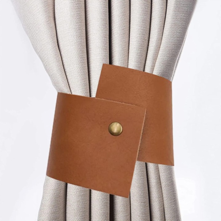 Set 4 accesorii pentru perdele YANYXR piele maro 35x8cm