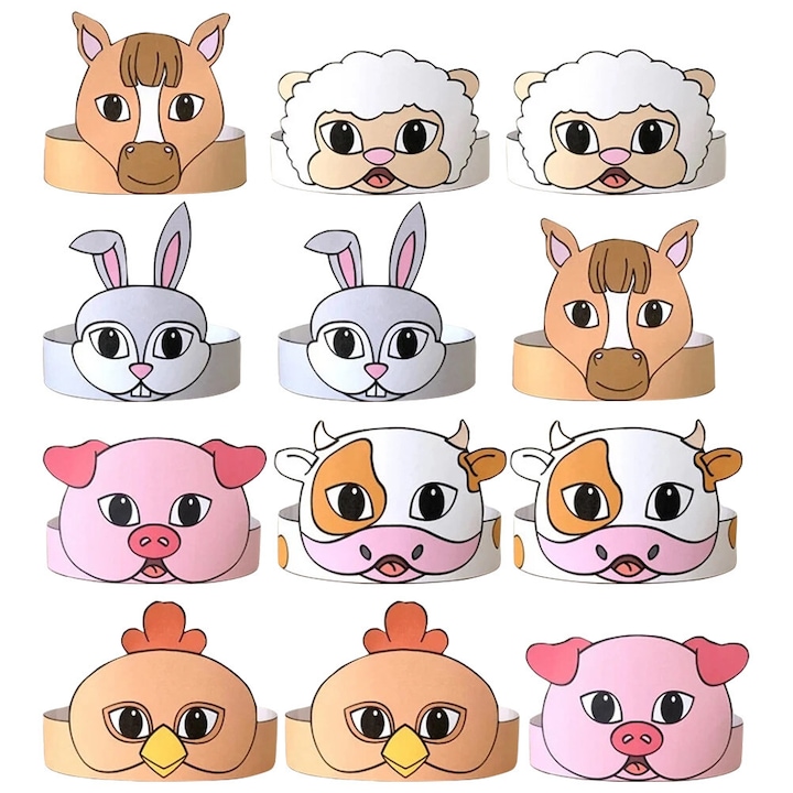 Set 12 coifuri copii, animale ferma, hartie, multicolor, 25x15x0.1cm