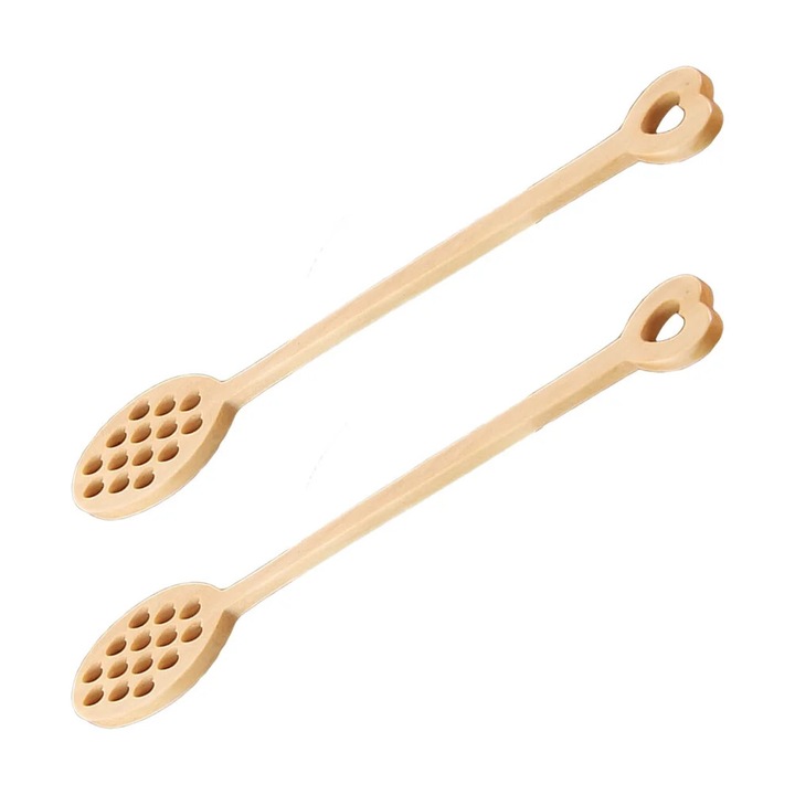 Lingura de amestecat pentru cafea si miere ZYBLSSBB LSM2xh1075-BCS0094510, din lemn, maner lung cu inima decupata, cap perforat pentru miere, natural, set 2 buc, 18.5 x 3 x 0.75 cm