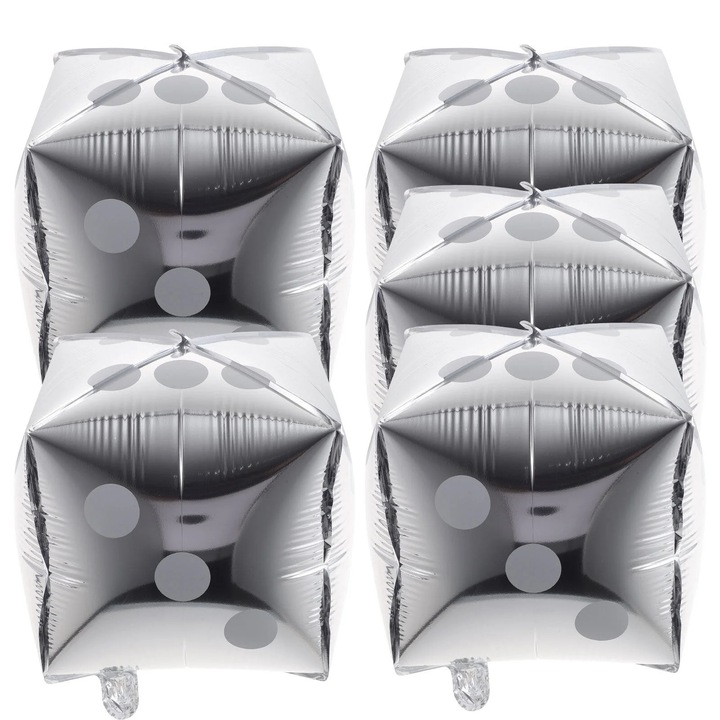 Set 5 baloane cub din folie aluminiu, argintiu, 18x18x18cm, decor petrecere casino