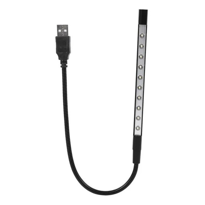 USB laptop lámpa, hajlítható hattyúnyak, 10 LED, fekete, 44x1.65cm