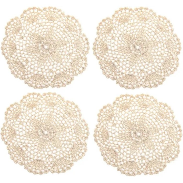 Set 4 suporturi masa crosetate manual, bumbac, bej, 20cm