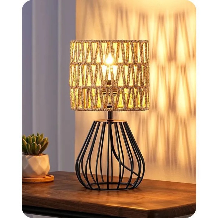 Vintage asztali lámpa, boho design, vas és kézi szövés, meleg fehér, 2700K, E14, 25x40cm