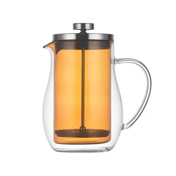 YANYXR francia teáskanna, duplafalú üveg, szűrő, 600ml, borostyán színű