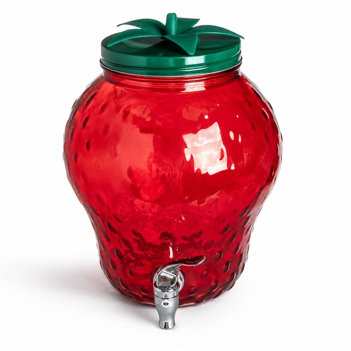 Shopiens® 6L Üveg Italadagoló Eper Forma Csappal, Fém Tetővel és Dekoratív Levelekkel Limonádé, Gyümölcslé, Jeges Tea Adagoló Partikra, Teraszra 23X28 Cm