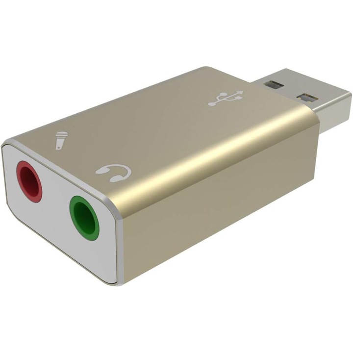 Külső USB audio adapter, hangkártya, mikrofon és fejhallgató jack, ezüst, USB2.0
