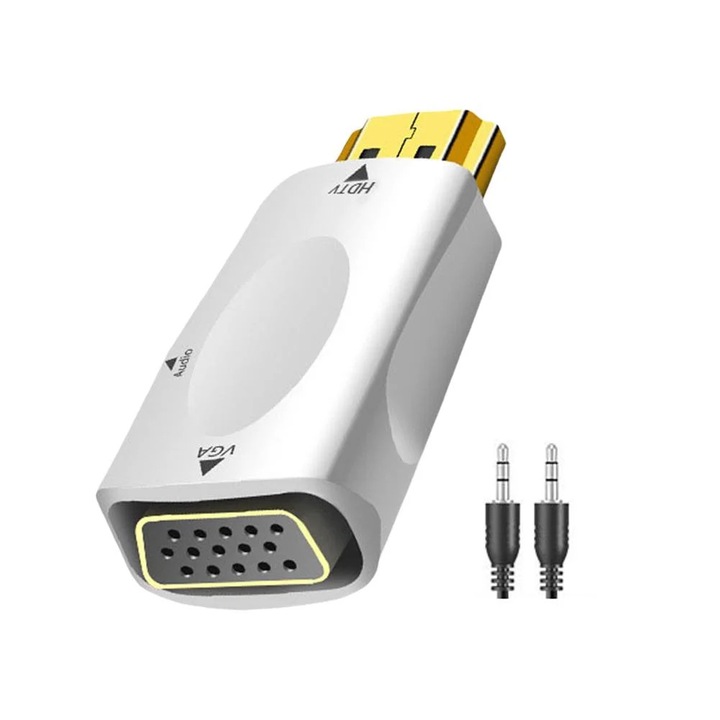 YANYXR HDMI-VGA kábel adapter fehér, audio kimenettel, 1080P