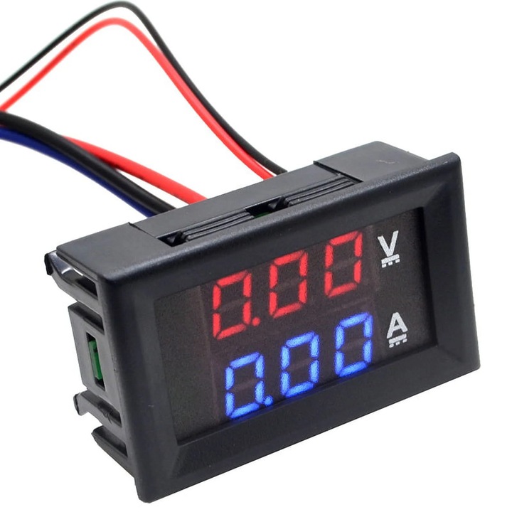 Voltmérő Ampermérő YANYXR kettős LED piros-kék 48x29x22mm 10A 4-30V DC