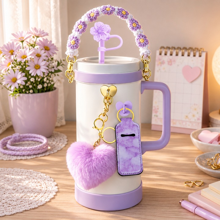 Set cu 8 accesorii si charm-uri in nuante lila pentru pahar termos de 900 ml (30 oz) - maner pentru transport, inimioara, suport pentru ruj, capac pentru pai, baza de protectie din silicon, etc