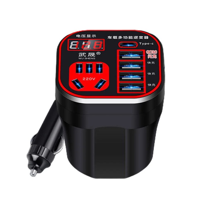 Инвертор за кола YANYXR 12V-24V към 220V, 200W, USB 3.0, 6.7x7.5x5.5см