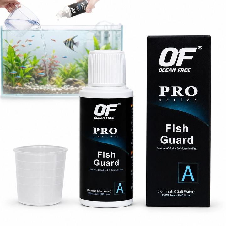 Solutie declorinare apa acvariu Ocean Free Fish Guard pentru 2040 litri de apa, solutie tratare apa acvariu pentru apa care se pune in acvariu si schimbarea apei in acvariu, neutralizeaza clorul, cloramina si metalele grele