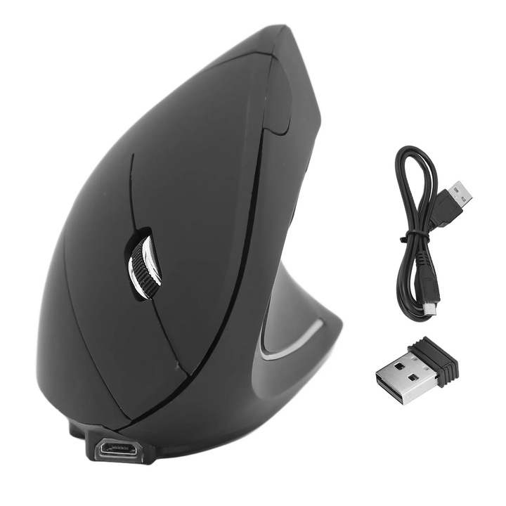 YANYXR vezeték nélküli függőleges egér, ergonomikus, fekete, 6 gombos, 1600dpi, 400mAh