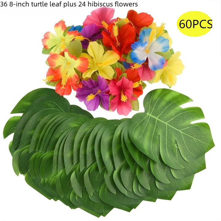 Set decorativ petrecere YANYXR frunze monstera flori hibiscus multicolor 60 piese
