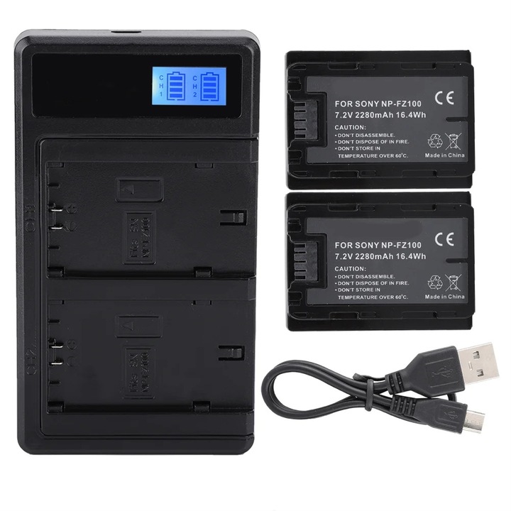 Incarcator dual USB YANYXR cu ecran LCD si 2 baterii 2280mAh, negru