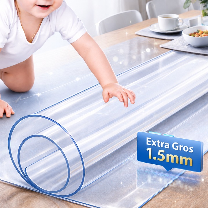 Folie Protectie Masa Transparenta PVC 1.5 mm, Extra Groasa, 90 x 160 cm, fata de masa, Impermeabila, Anti-Ulei, Rezistenta la Zgarieturi, Fara Miros, Sigura pentru Contact cu Alimentele