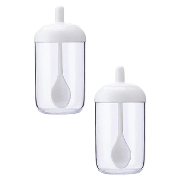 Set borcane pentru condimente ZYBLSSBB LSM2xh188-BCS0180323, din PP cu capac etans si garnitura din silicon, cu lingurita, alb/transparent, set 2 buc
